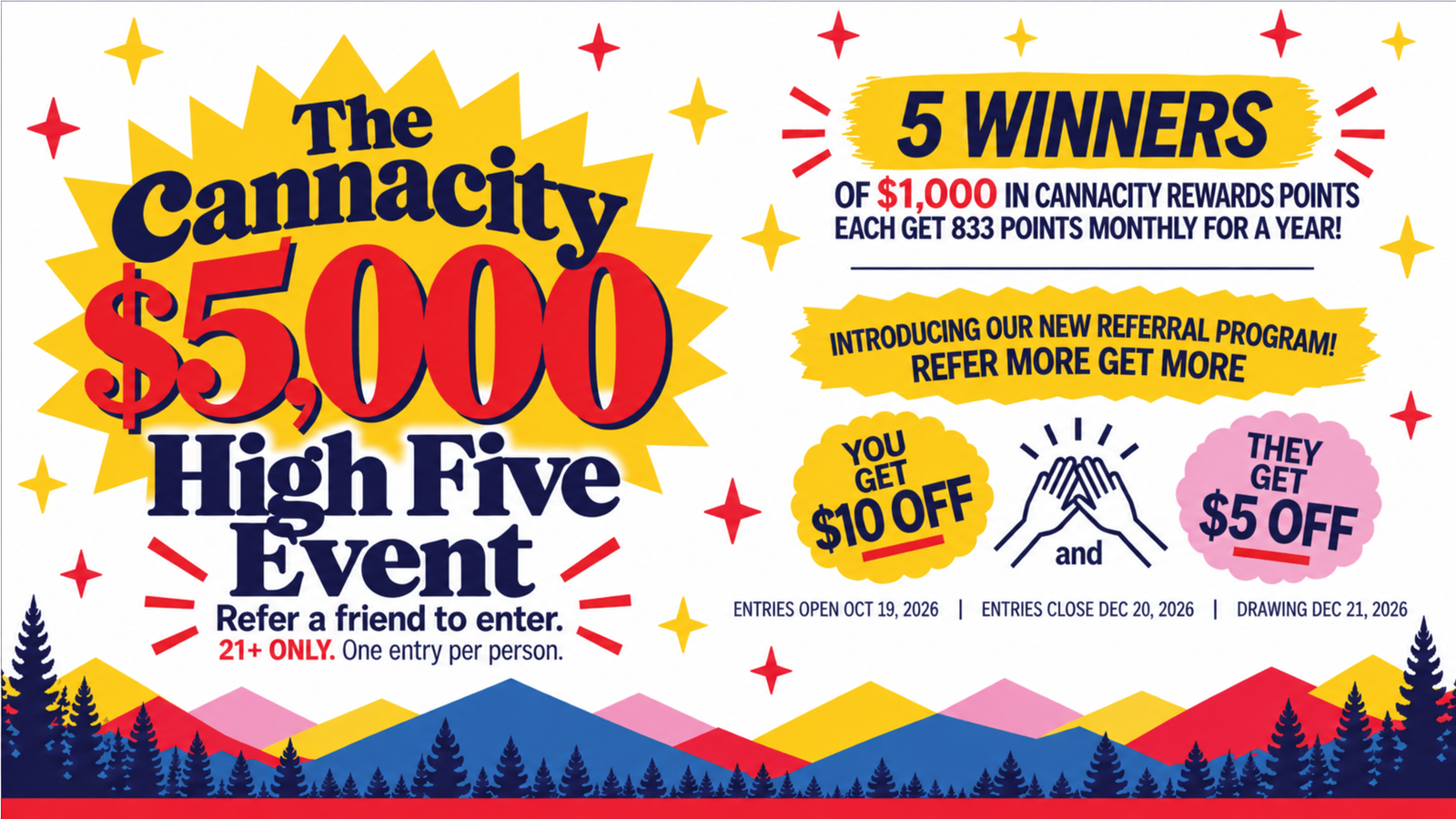 Cannacity $5,000 High Five Event poster: five $1,000 rewards winners, a referral offer, 21+ only, one entry per person, entries close December 20, 2026.